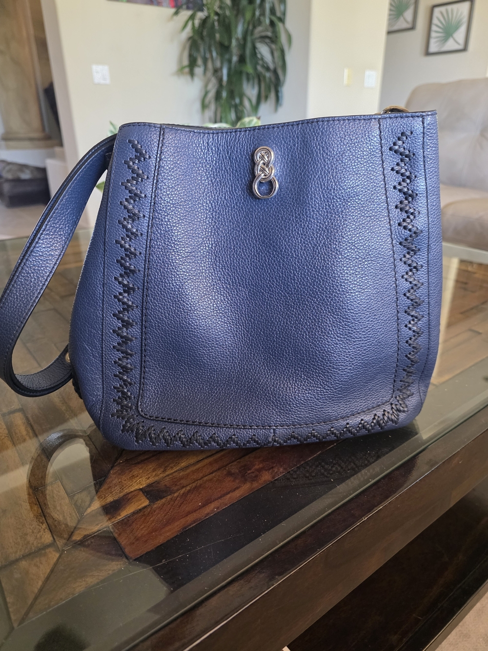 BRIGHTON  Navy Leather Shoulder Bag with Whipstitch Detail